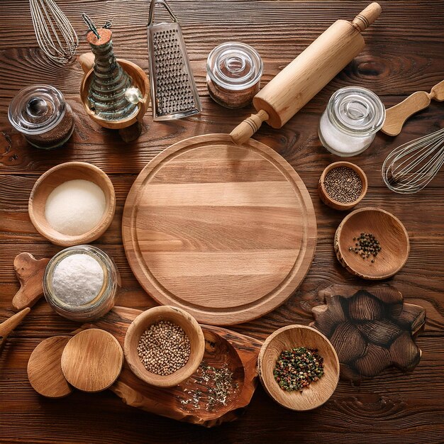 kitchen utensils on wooden table